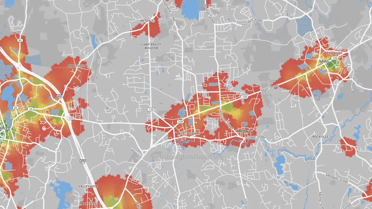 Walk Grade map of Medway, MA, walkable areas in green and car-dependent areas in red
