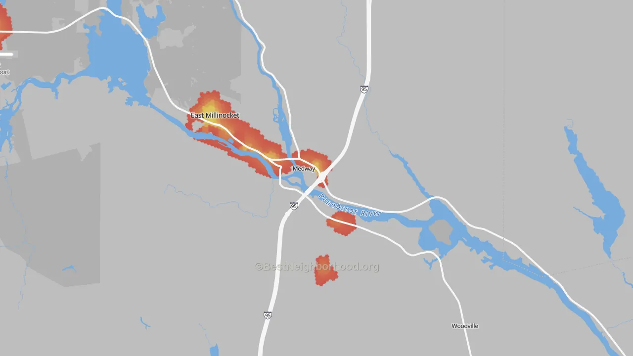Walk Grade map of Medway, ME, walkable areas in green and car-dependent areas in red