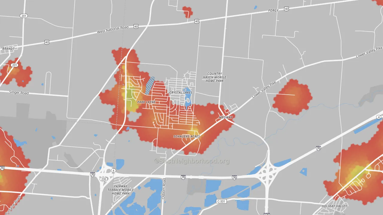 Walk Grade map of Medway, OH, walkable areas in green and car-dependent areas in red
