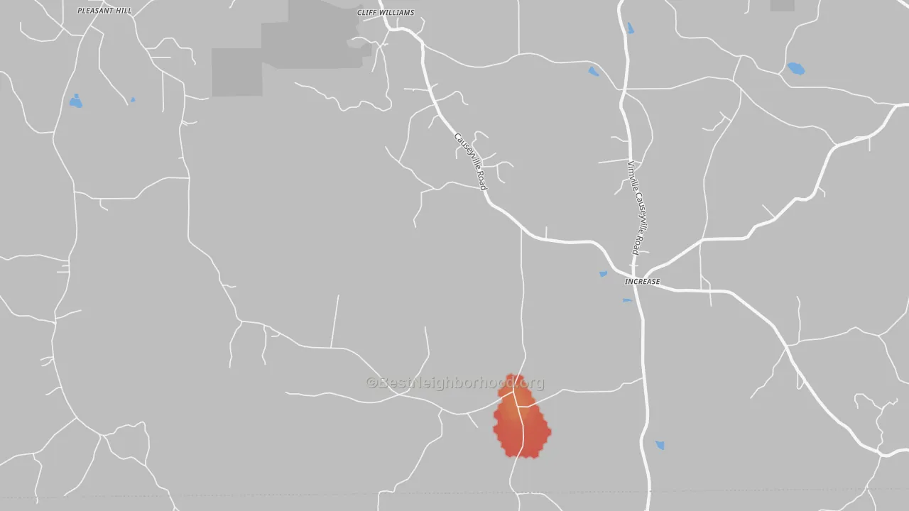 Walk Grade map of Meehan, MS, walkable areas in green and car-dependent areas in red