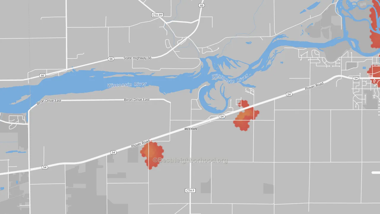 Walk Grade map of Meehan, WI, walkable areas in green and car-dependent areas in red