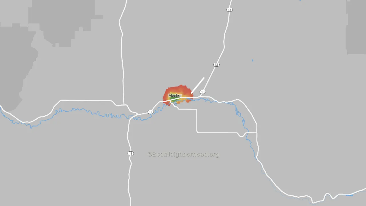 Walk Grade map of Meeker, CO, walkable areas in green and car-dependent areas in red