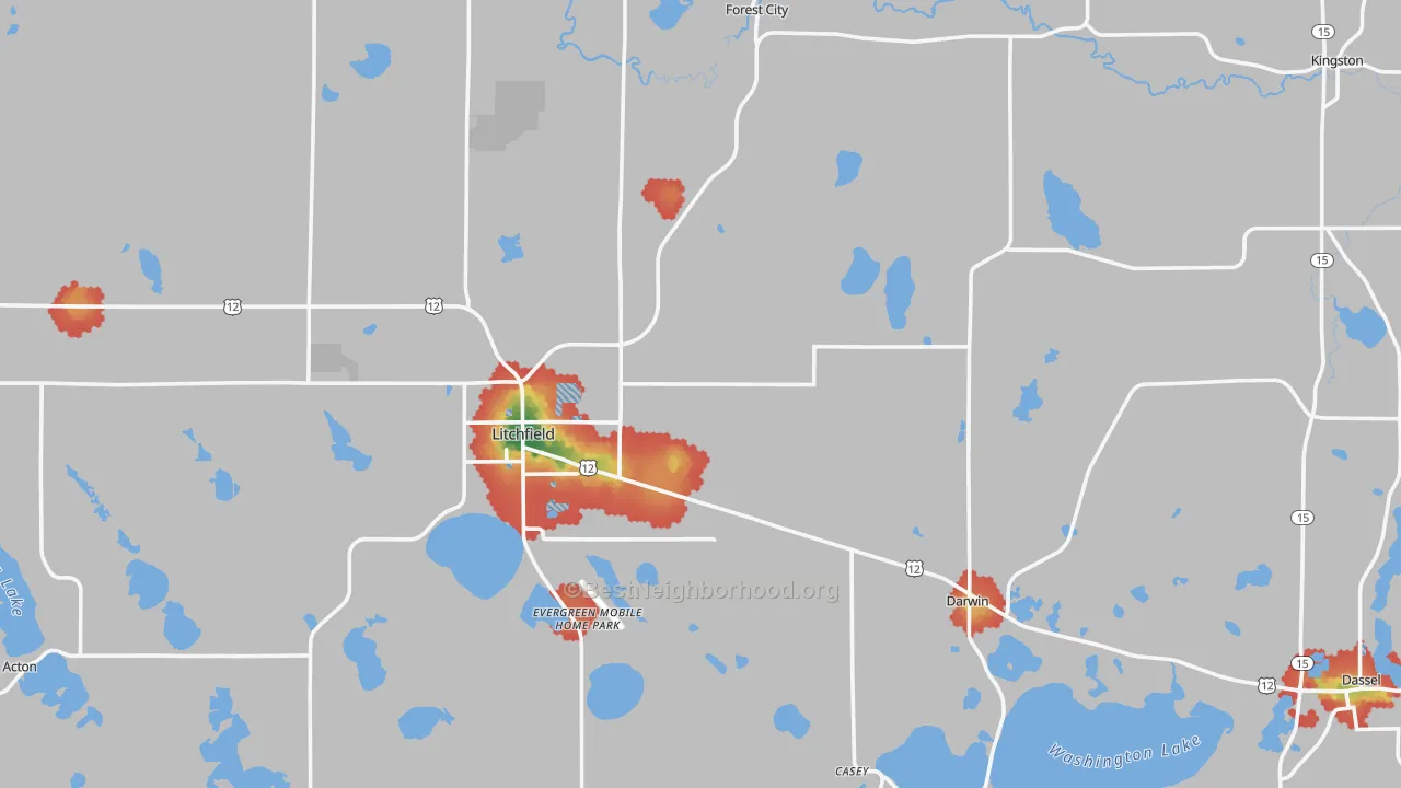 Walk Grade map of Meeker County, MN, walkable areas in green and car-dependent areas in red