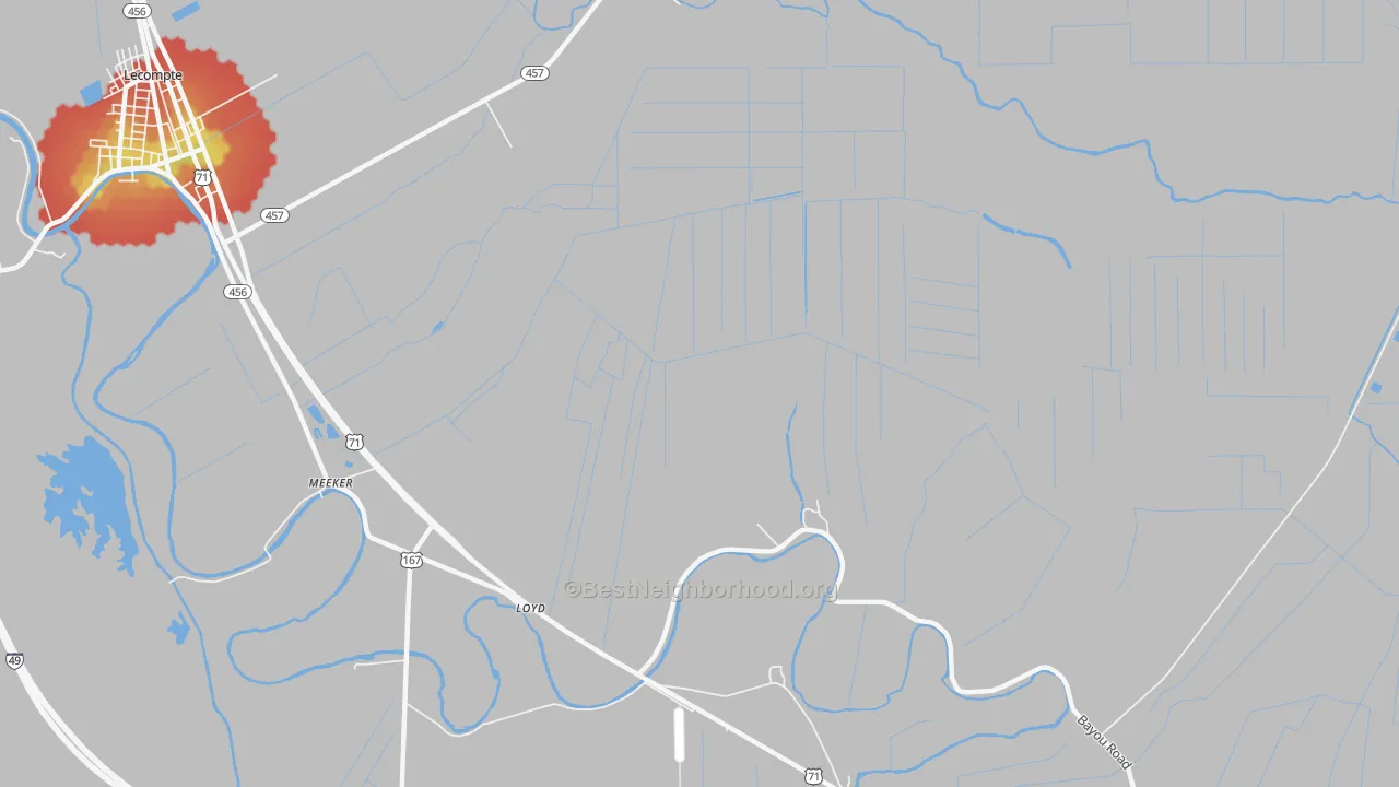 Walk Grade map of Meeker, LA, walkable areas in green and car-dependent areas in red