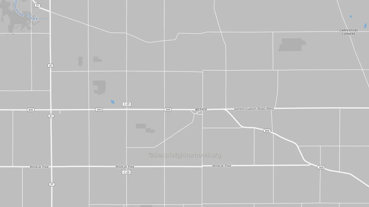 Walk Grade map of Meeker, OH, walkable areas in green and car-dependent areas in red