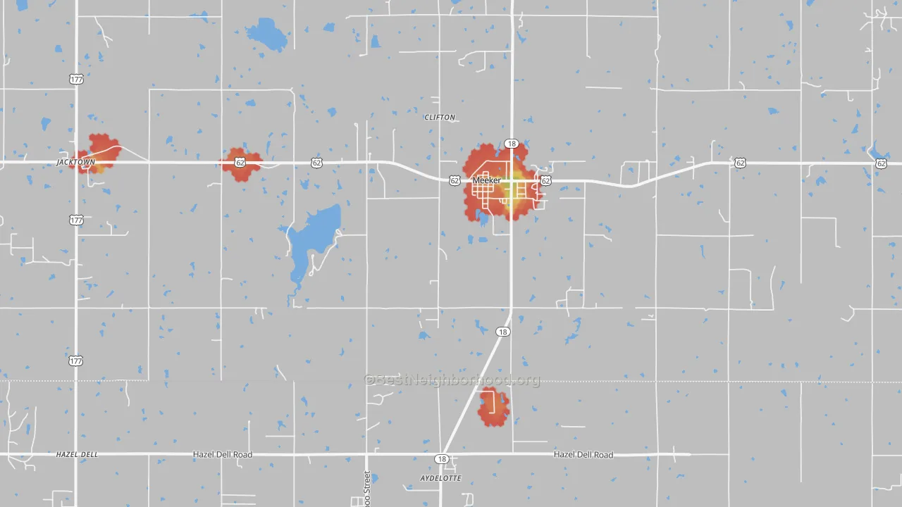 Walk Grade map of Meeker, OK, walkable areas in green and car-dependent areas in red