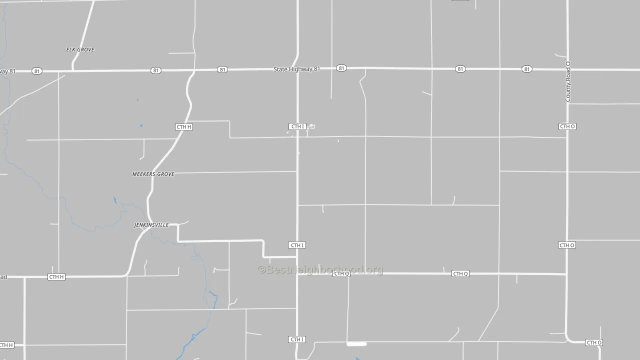 Walk Grade map of Meekers Grove, WI, walkable areas in green and car-dependent areas in red