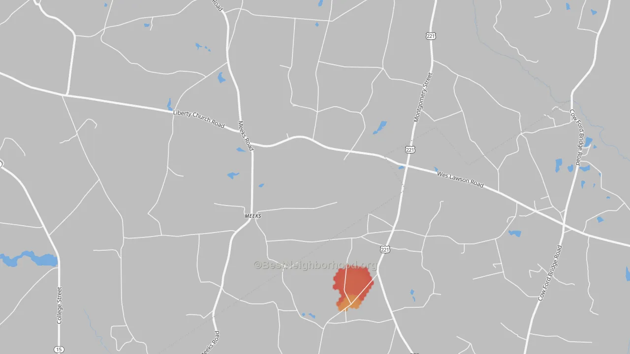 Walk Grade map of Meeks, GA, walkable areas in green and car-dependent areas in red