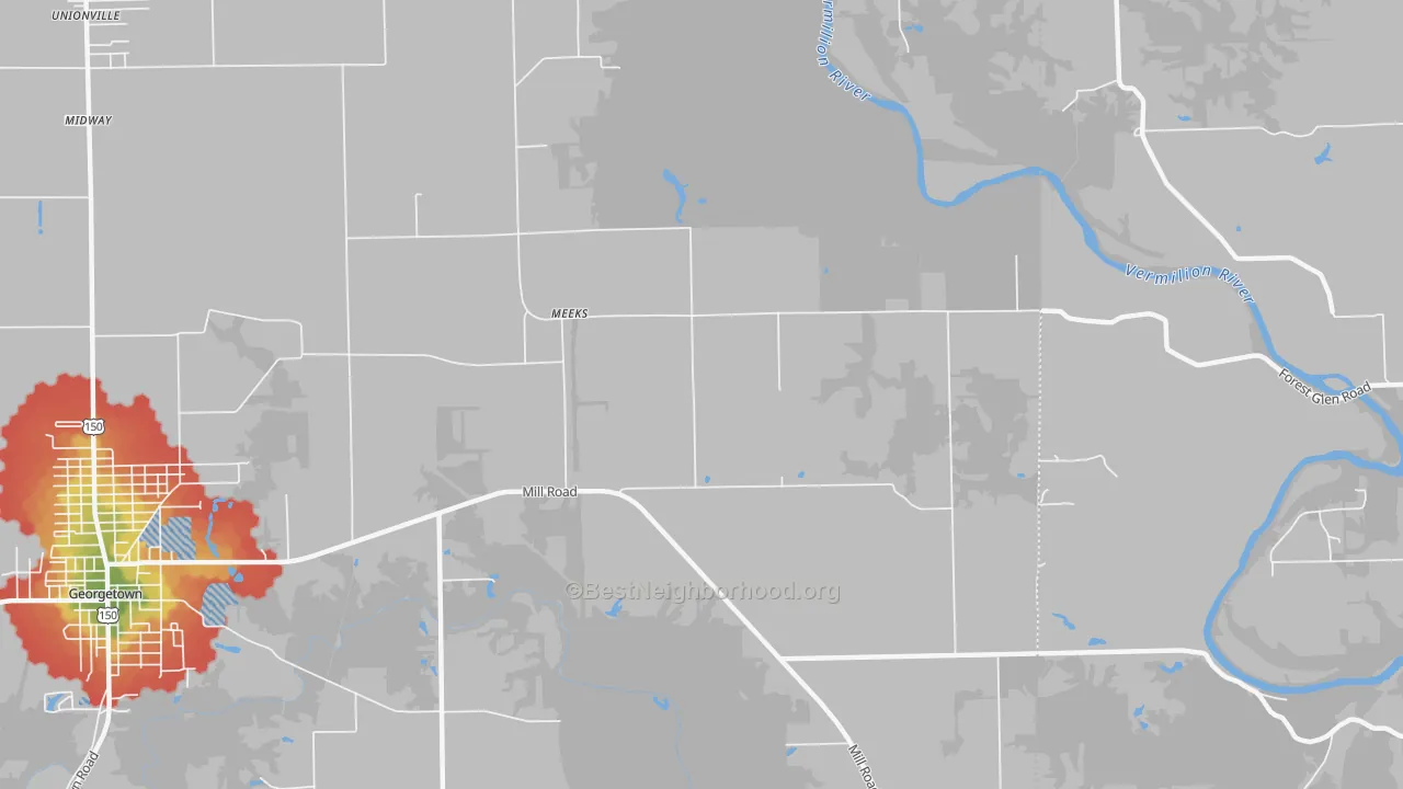 Walk Grade map of Meeks, IL, walkable areas in green and car-dependent areas in red