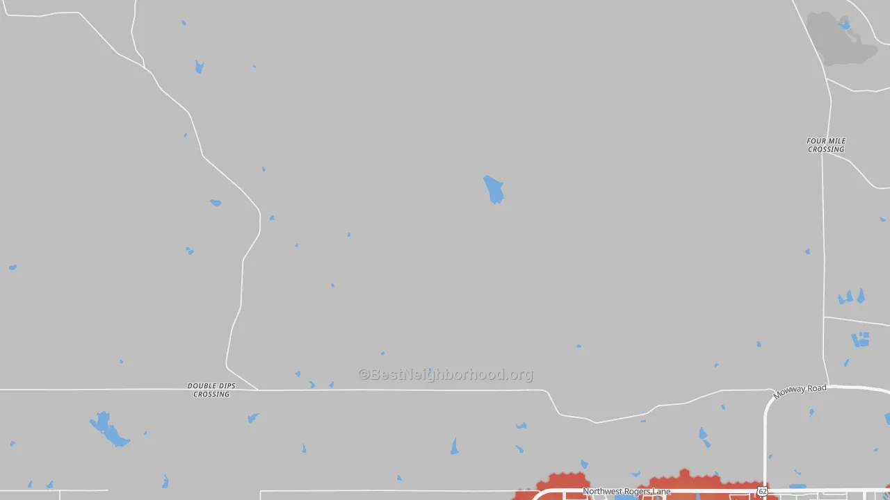 Walk Grade map of Meers, OK, walkable areas in green and car-dependent areas in red