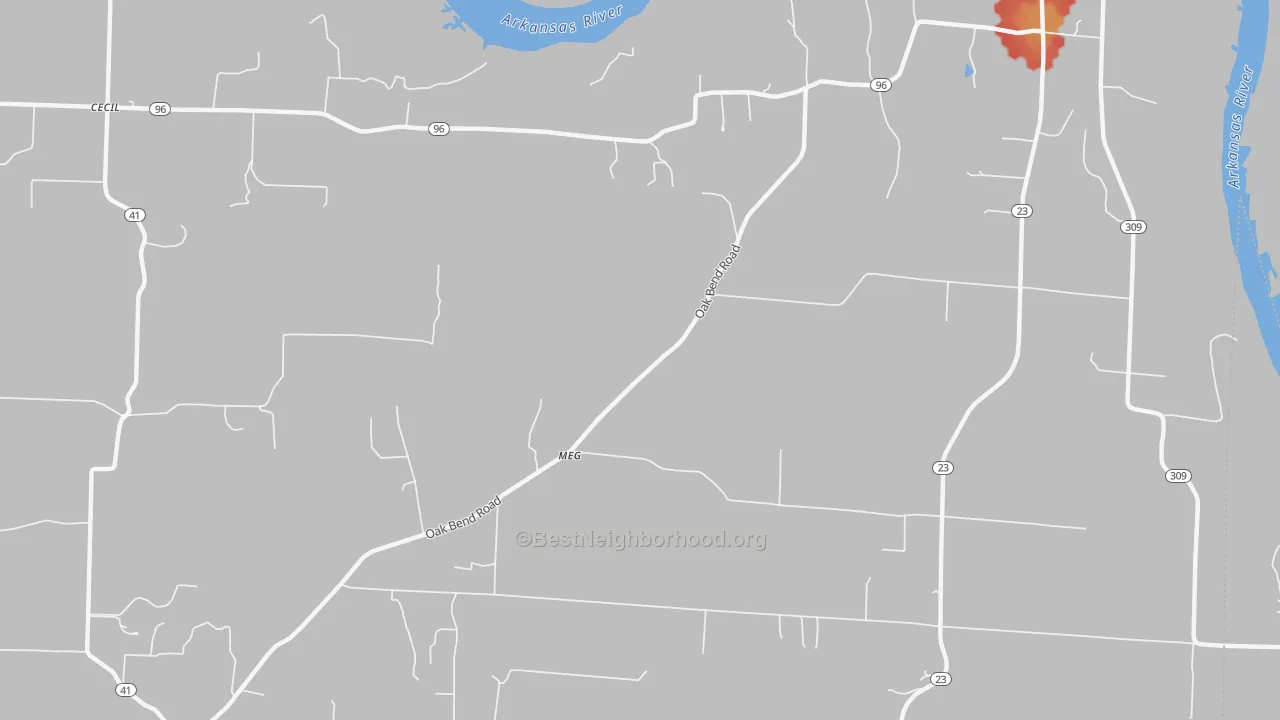 Walk Grade map of Meg, AR, walkable areas in green and car-dependent areas in red