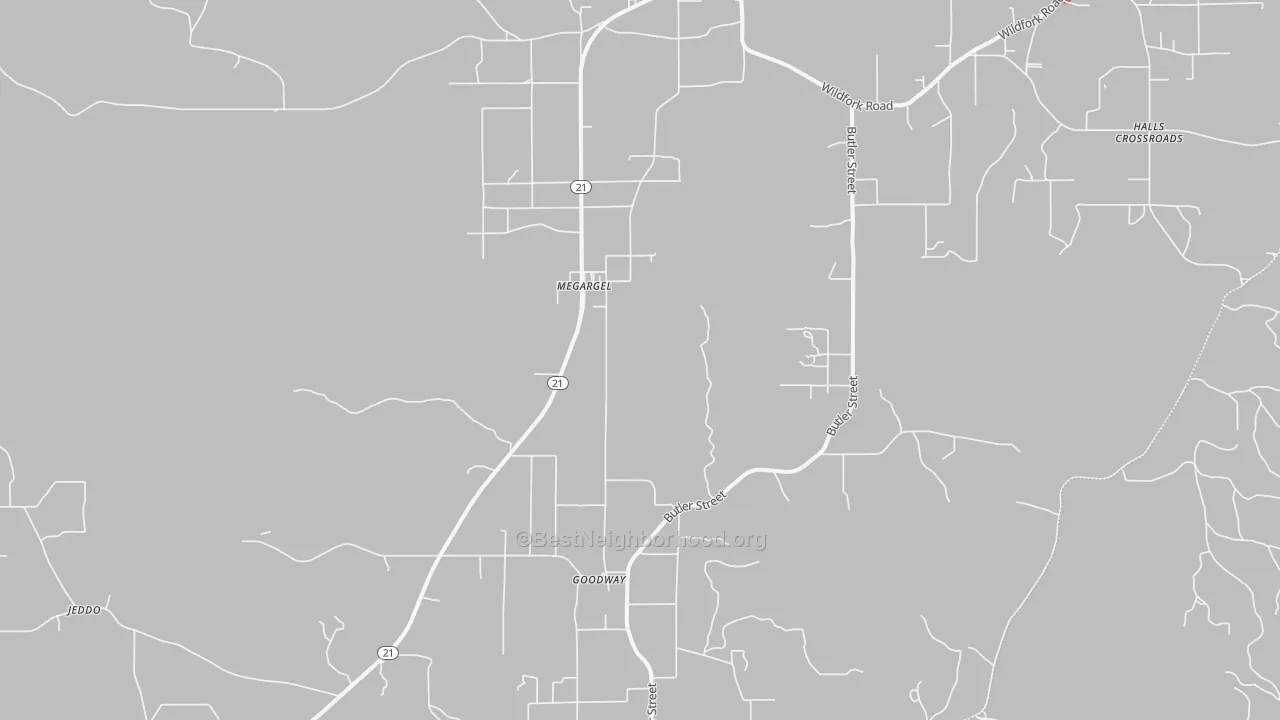 Walk Grade map of Megargel, AL, walkable areas in green and car-dependent areas in red