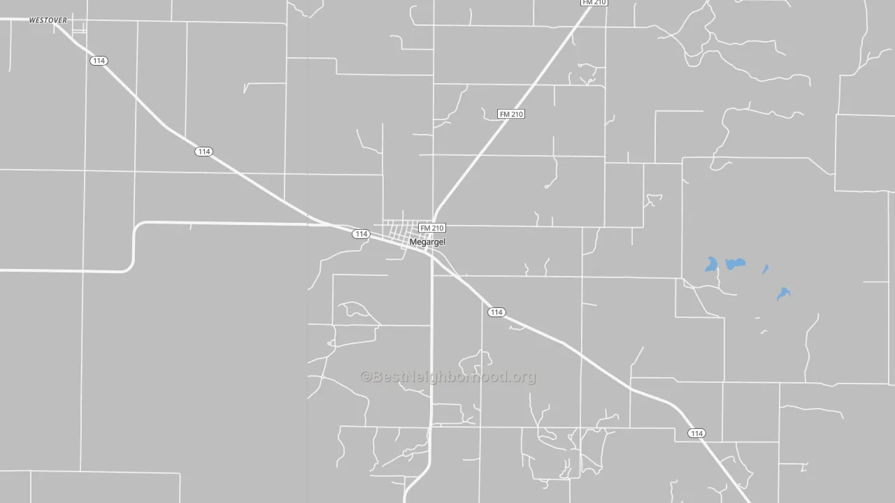 Walk Grade map of Megargel, TX, walkable areas in green and car-dependent areas in red