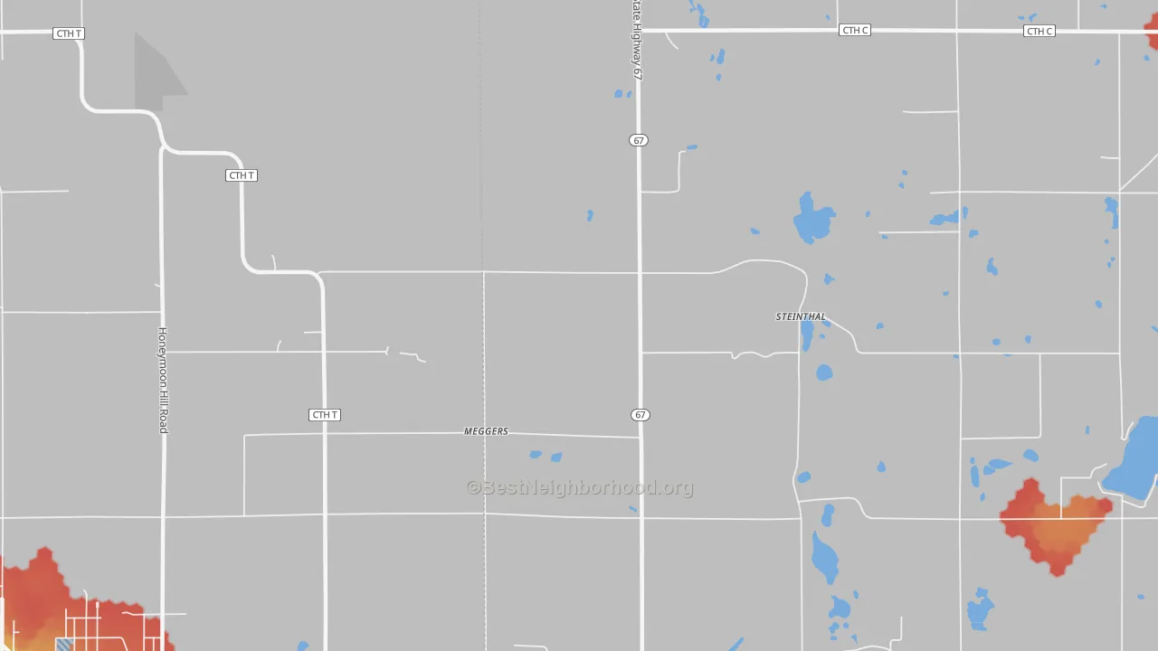 Walk Grade map of Meggers, WI, walkable areas in green and car-dependent areas in red