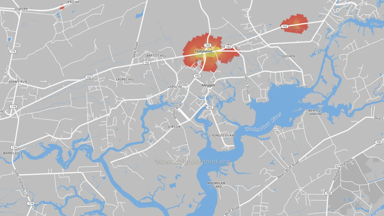 Walk Grade map of Meggett, SC, walkable areas in green and car-dependent areas in red
