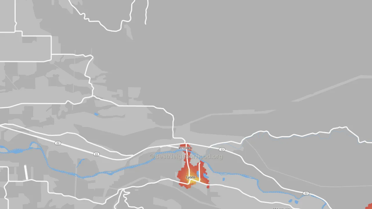 Walk Grade map of Mehama, OR, walkable areas in green and car-dependent areas in red