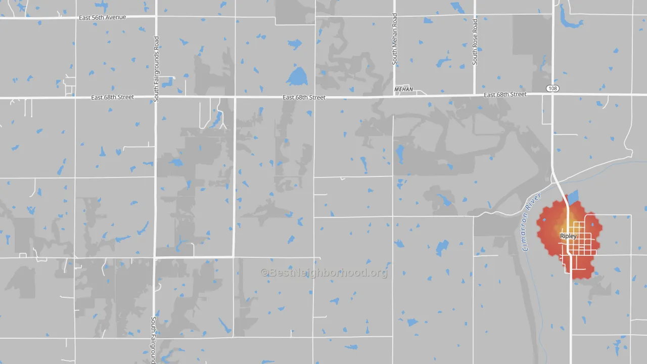 Walk Grade map of Mehan, OK, walkable areas in green and car-dependent areas in red