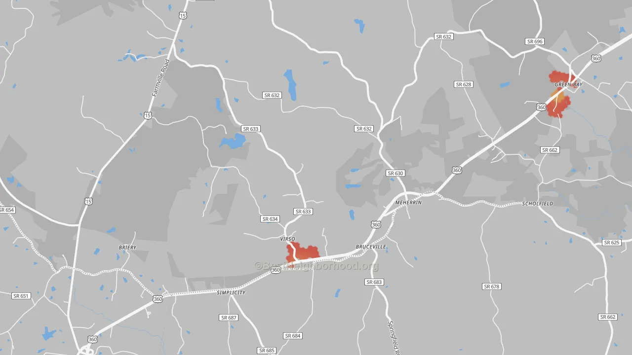 Walk Grade map of Meherrin, VA, walkable areas in green and car-dependent areas in red