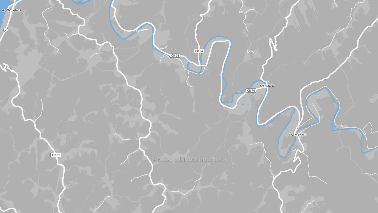Walk Grade map of Meighen, WV, walkable areas in green and car-dependent areas in red