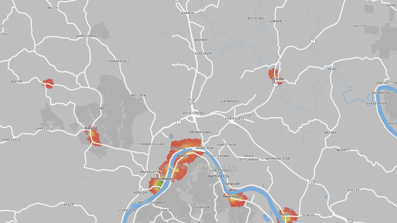 Walk Grade map of Meigs County, OH, walkable areas in green and car-dependent areas in red