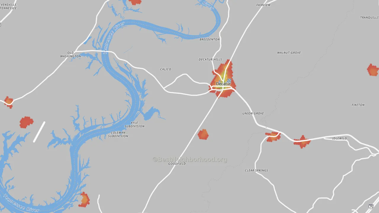 Walk Grade map of Meigs County, TN, walkable areas in green and car-dependent areas in red