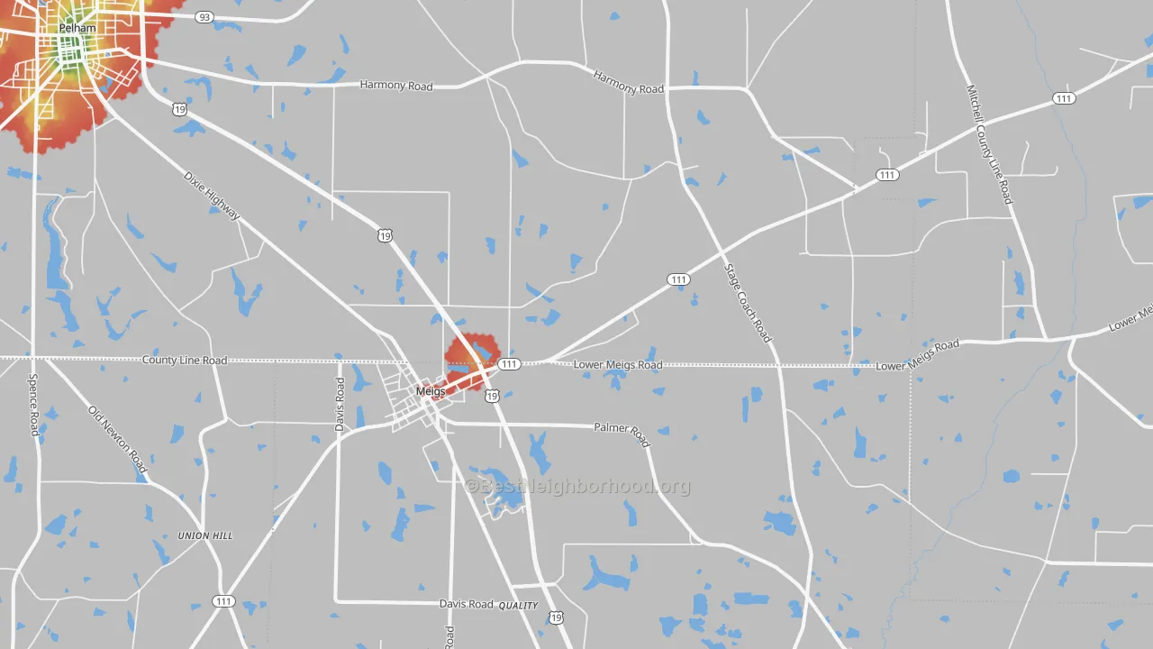 Walk Grade map of Meigs, GA, walkable areas in green and car-dependent areas in red