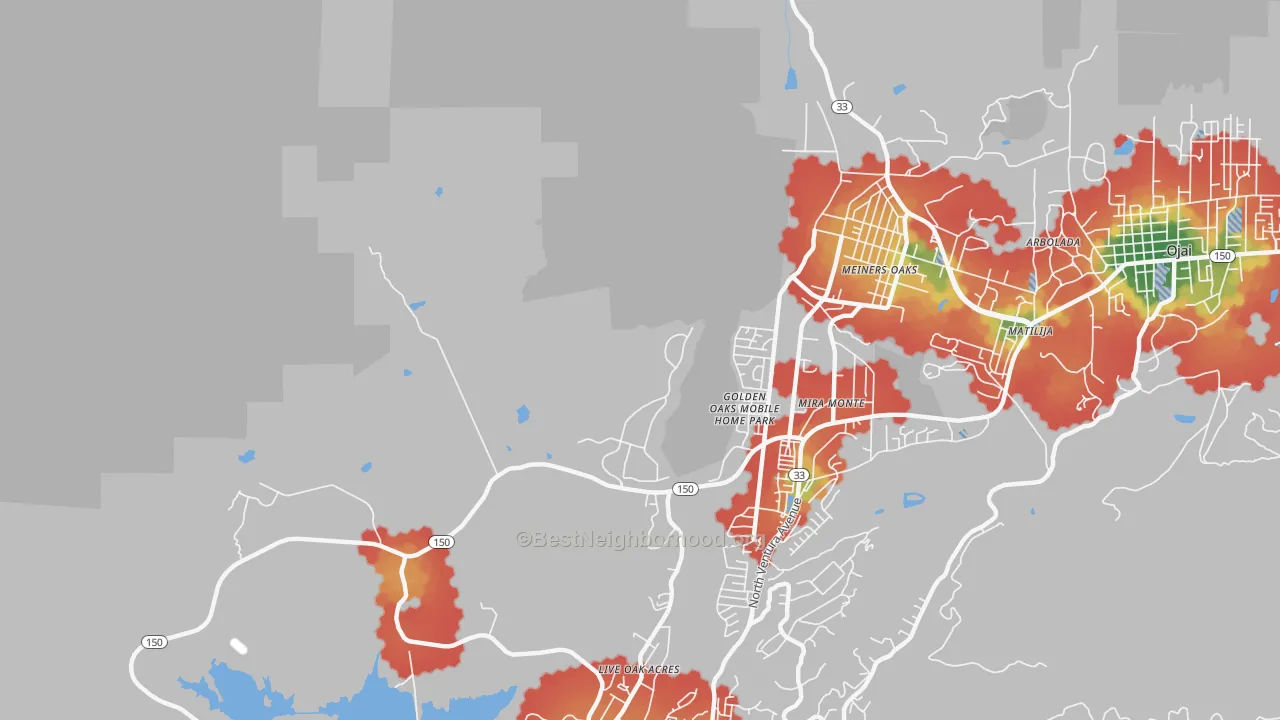 Walk Grade map of Meiners Oaks, CA, walkable areas in green and car-dependent areas in red