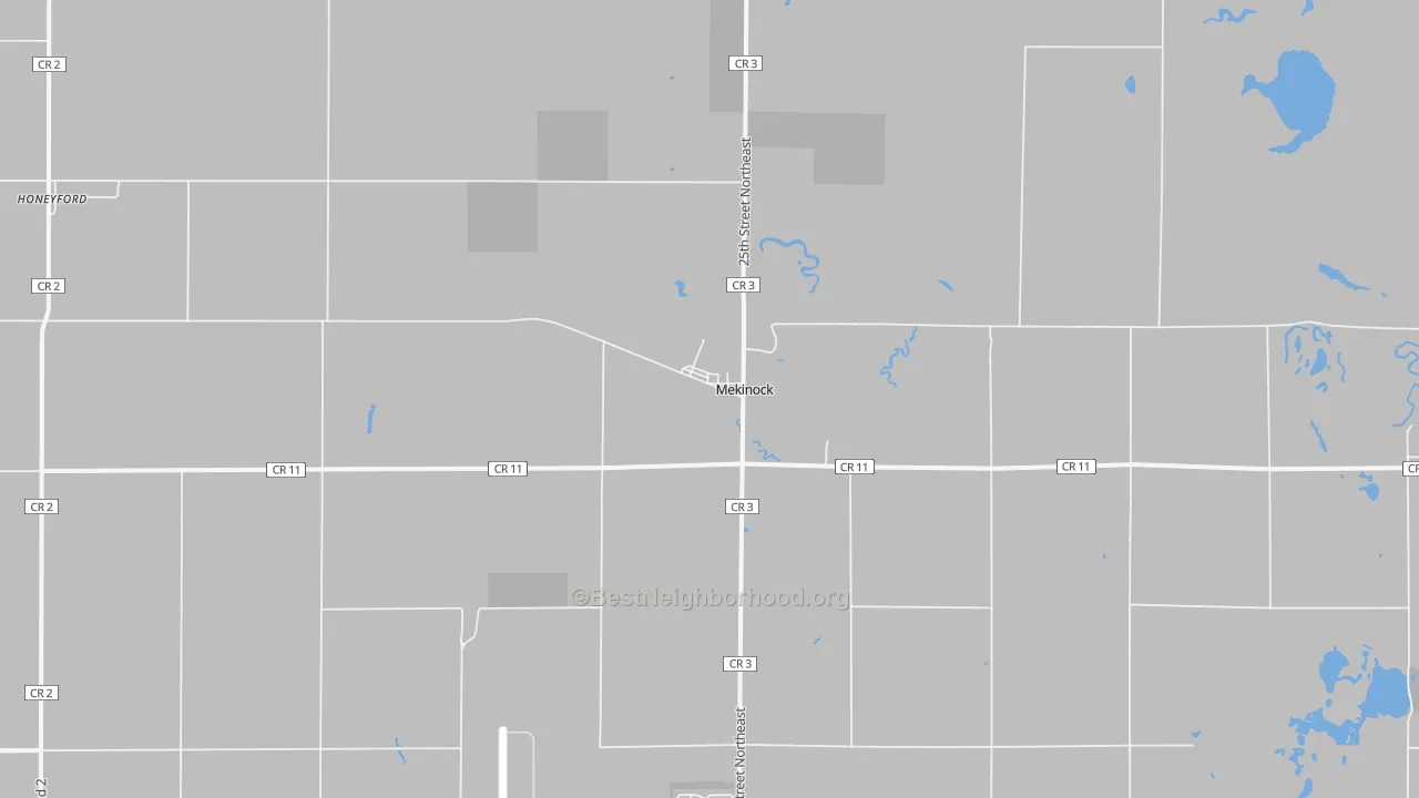 Walk Grade map of Mekinock, ND, walkable areas in green and car-dependent areas in red