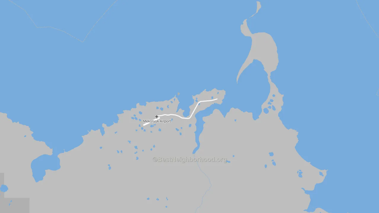 Walk Grade map of Mekoryuk, AK, walkable areas in green and car-dependent areas in red
