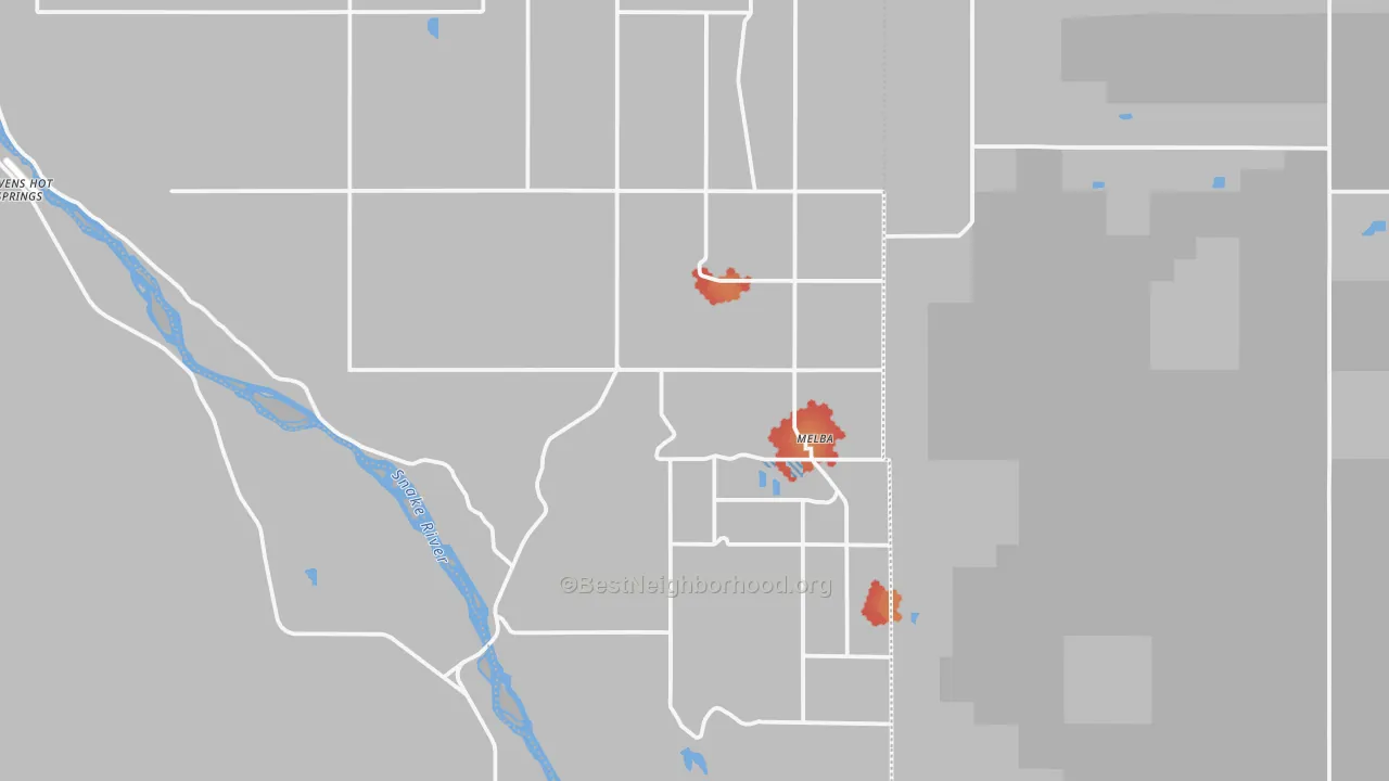 Walk Grade map of Melba, ID, walkable areas in green and car-dependent areas in red