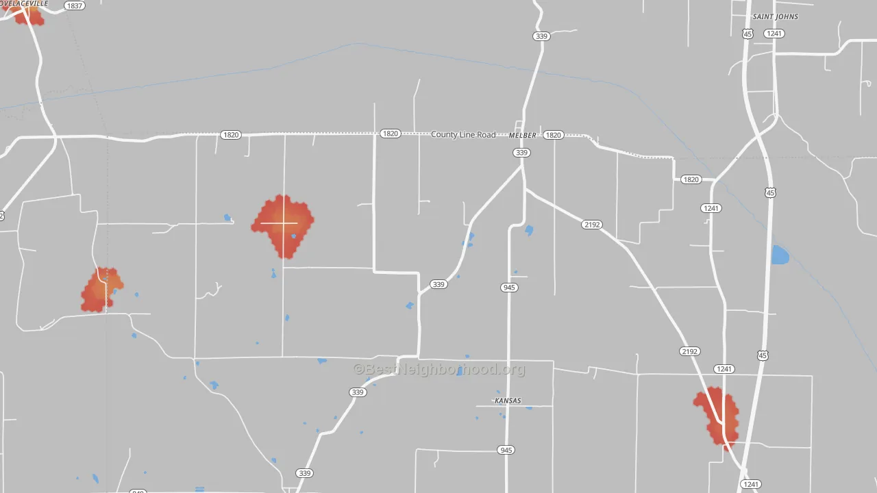 Walk Grade map of Melber, KY, walkable areas in green and car-dependent areas in red