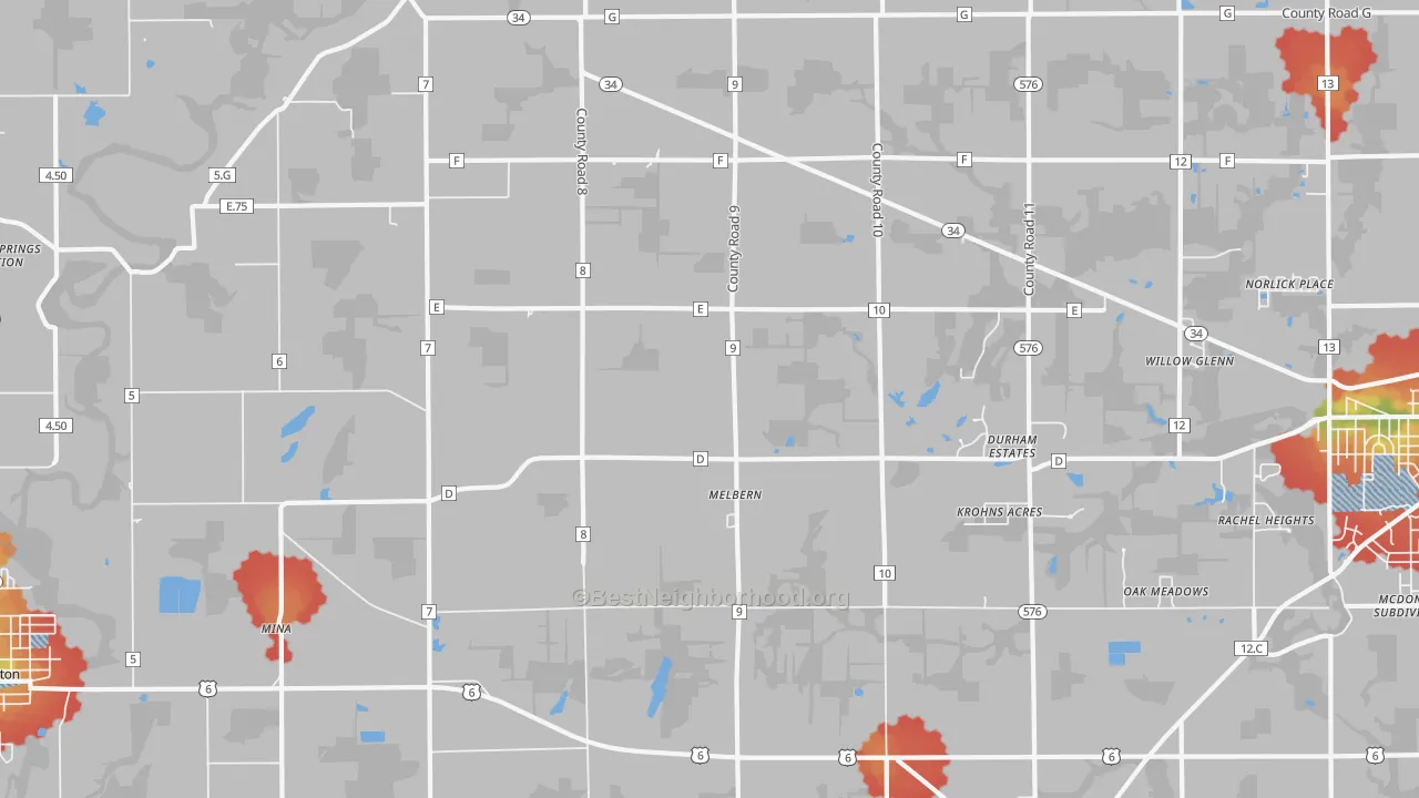 Walk Grade map of Melbern, OH, walkable areas in green and car-dependent areas in red
