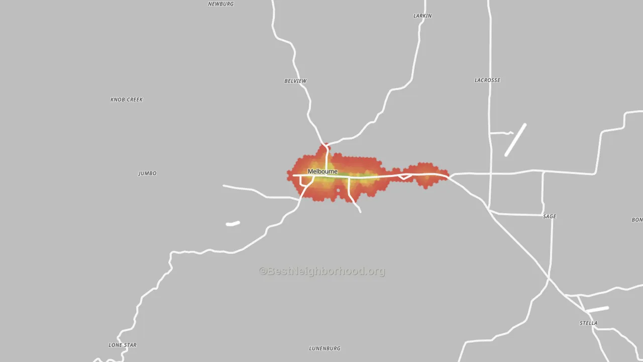 Walk Grade map of Melbourne, AR, walkable areas in green and car-dependent areas in red