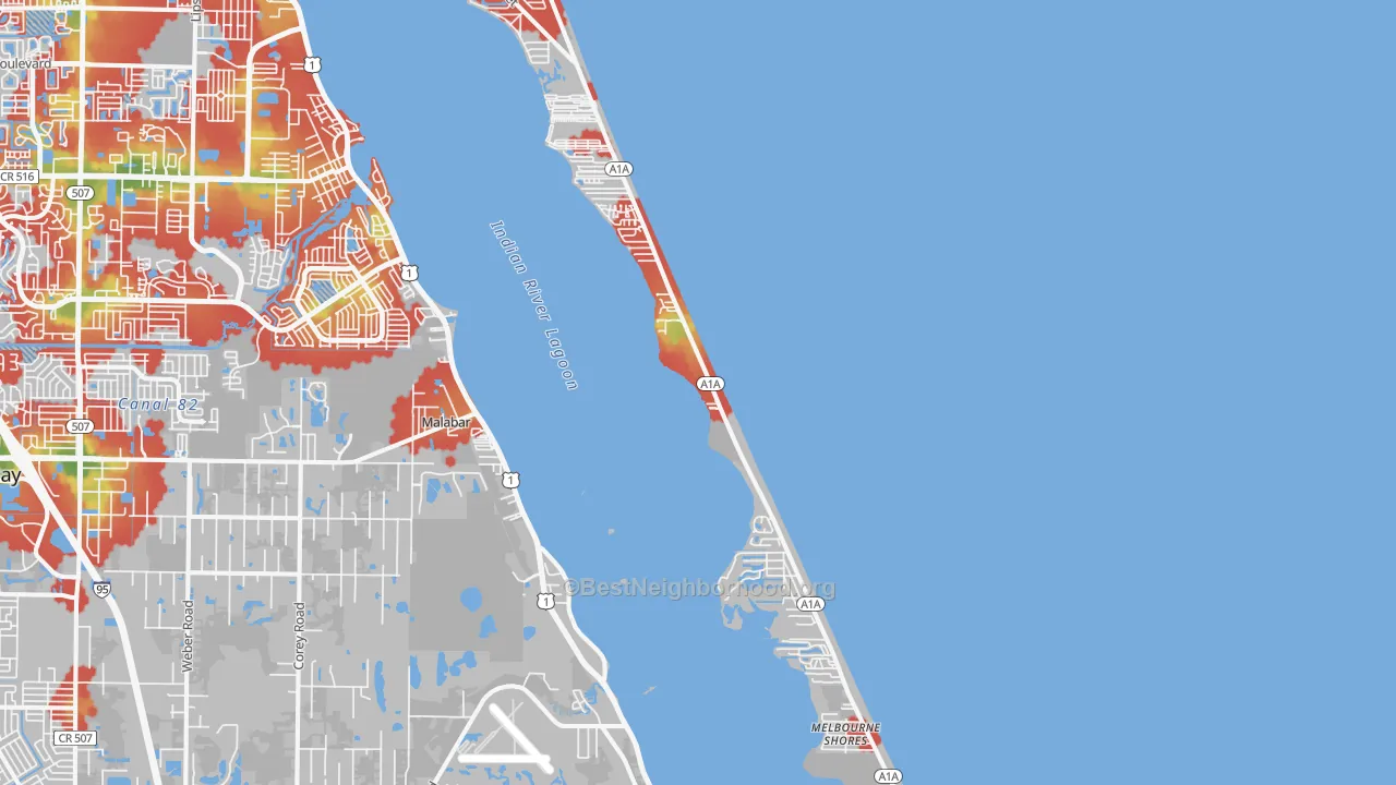 Walk Grade map of Melbourne Beach, FL, walkable areas in green and car-dependent areas in red