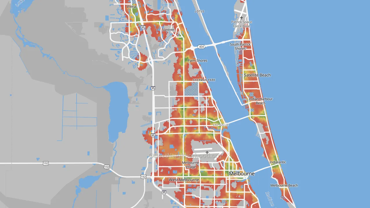 Walk Grade map of Melbourne, FL, walkable areas in green and car-dependent areas in red