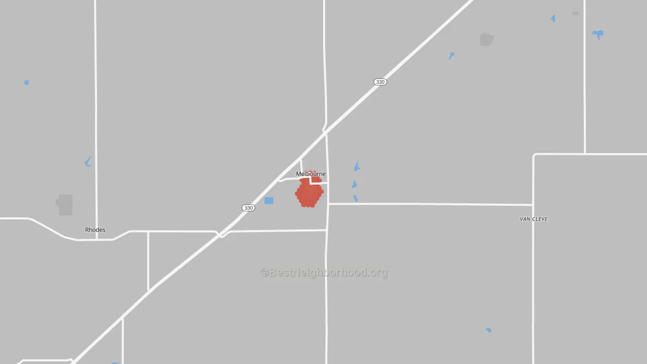 Walk Grade map of Melbourne, IA, walkable areas in green and car-dependent areas in red