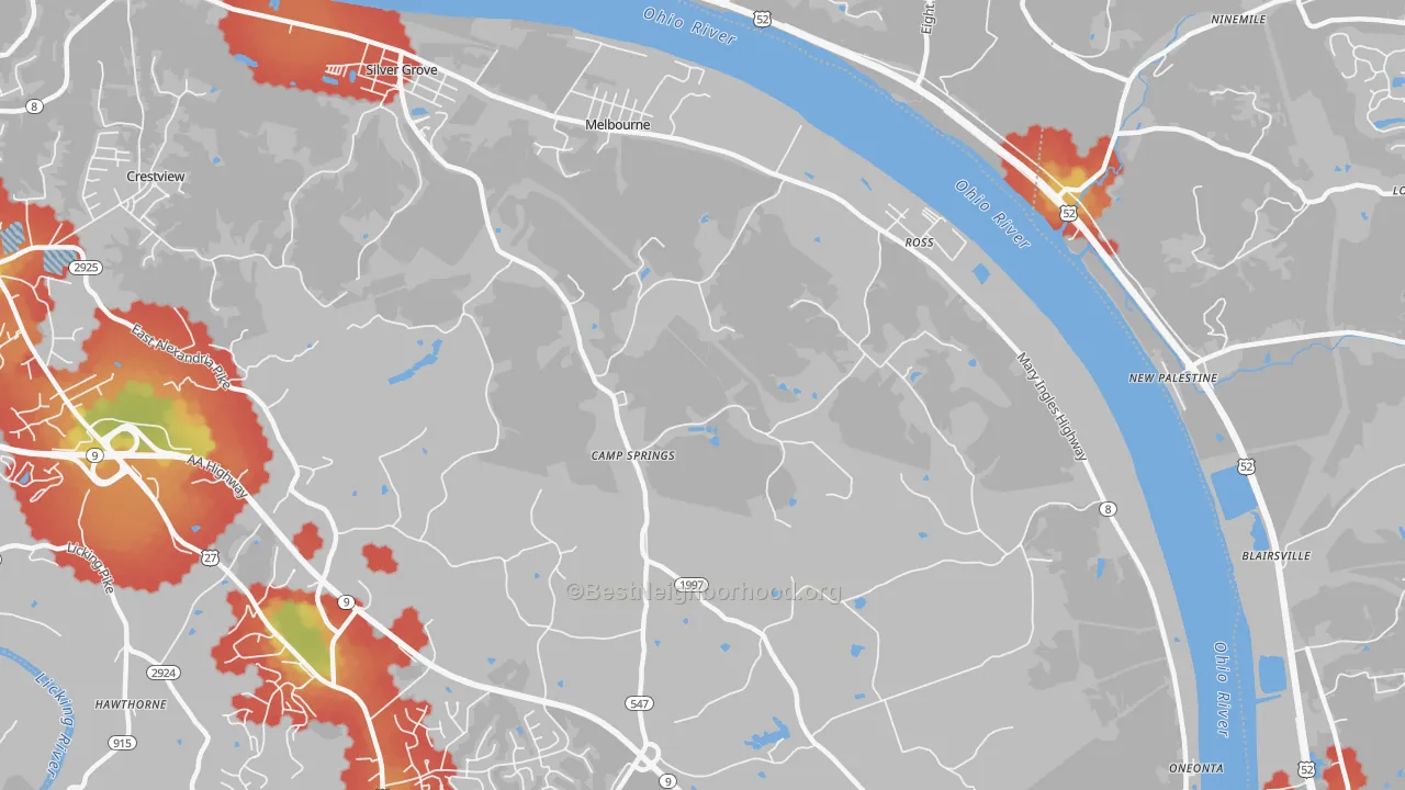 Walk Grade map of Melbourne, KY, walkable areas in green and car-dependent areas in red