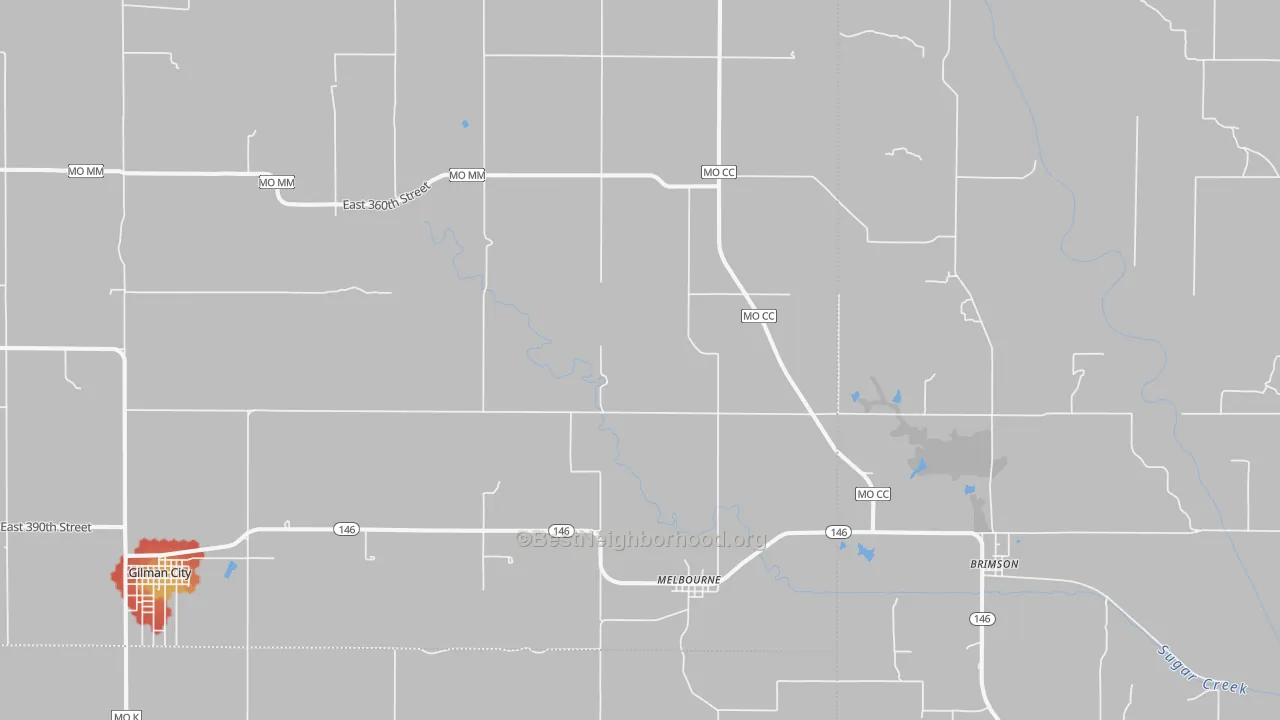 Walk Grade map of Melbourne, MO, walkable areas in green and car-dependent areas in red