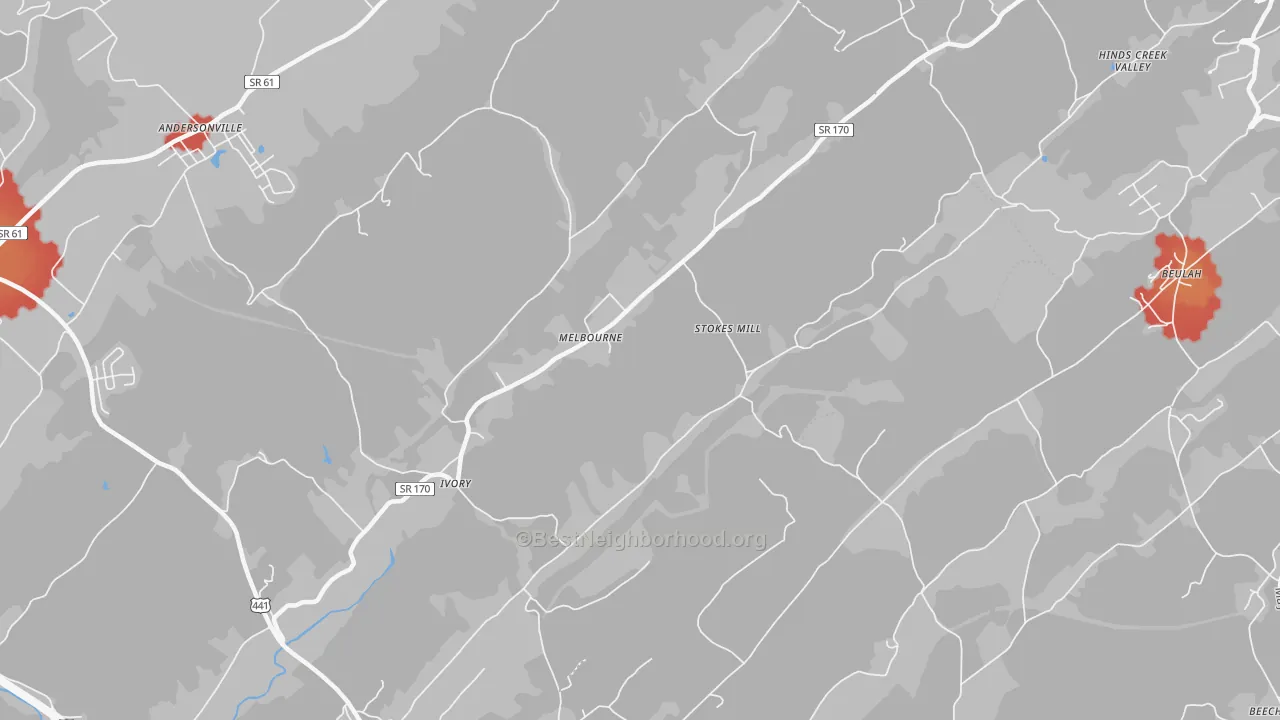 Walk Grade map of Melbourne, TN, walkable areas in green and car-dependent areas in red
