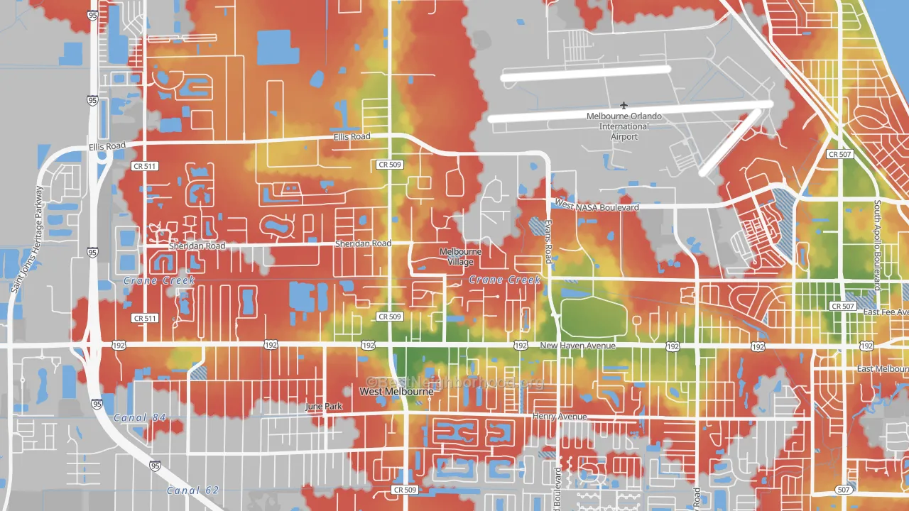 Walk Grade map of Melbourne Village, FL, walkable areas in green and car-dependent areas in red