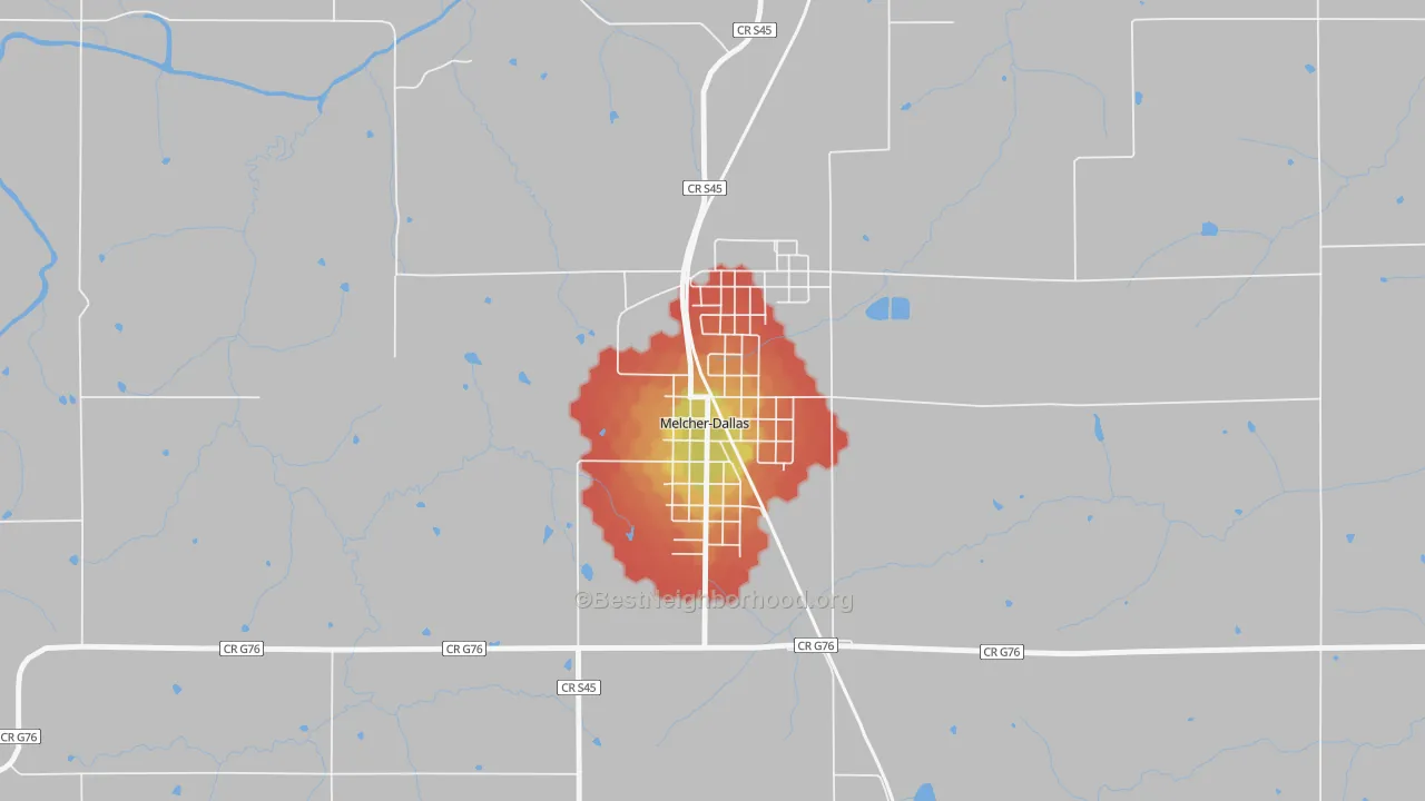 Walk Grade map of Melcher-Dallas, IA, walkable areas in green and car-dependent areas in red