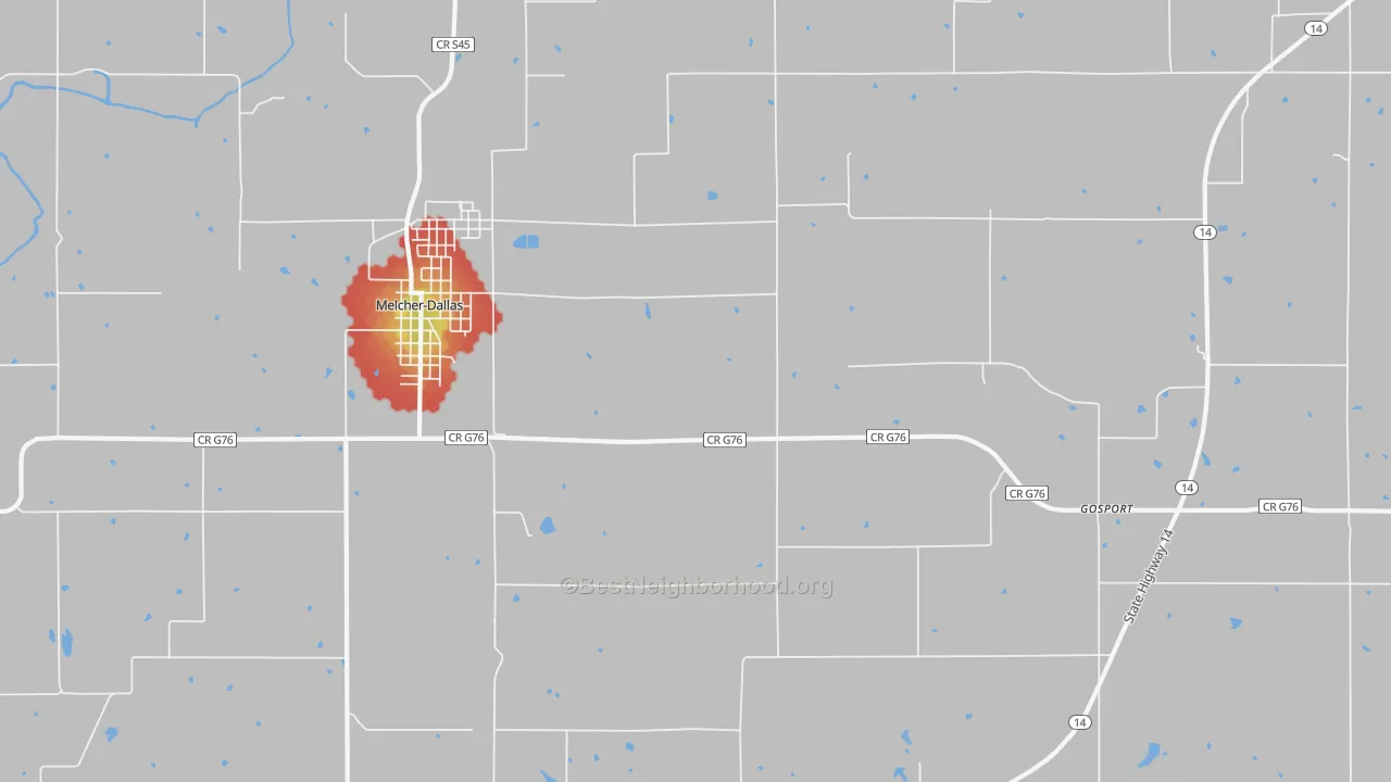 Walk Grade map of Melcher, IA, walkable areas in green and car-dependent areas in red