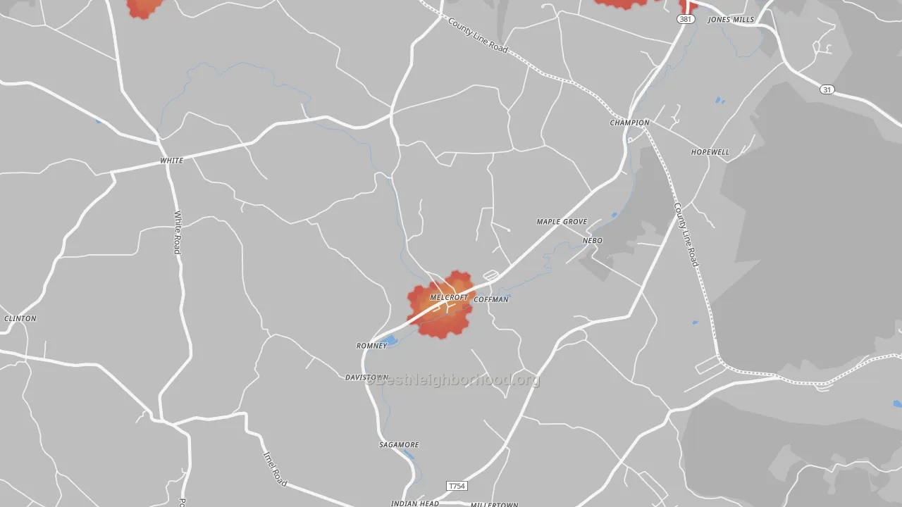 Walk Grade map of Melcroft, PA, walkable areas in green and car-dependent areas in red