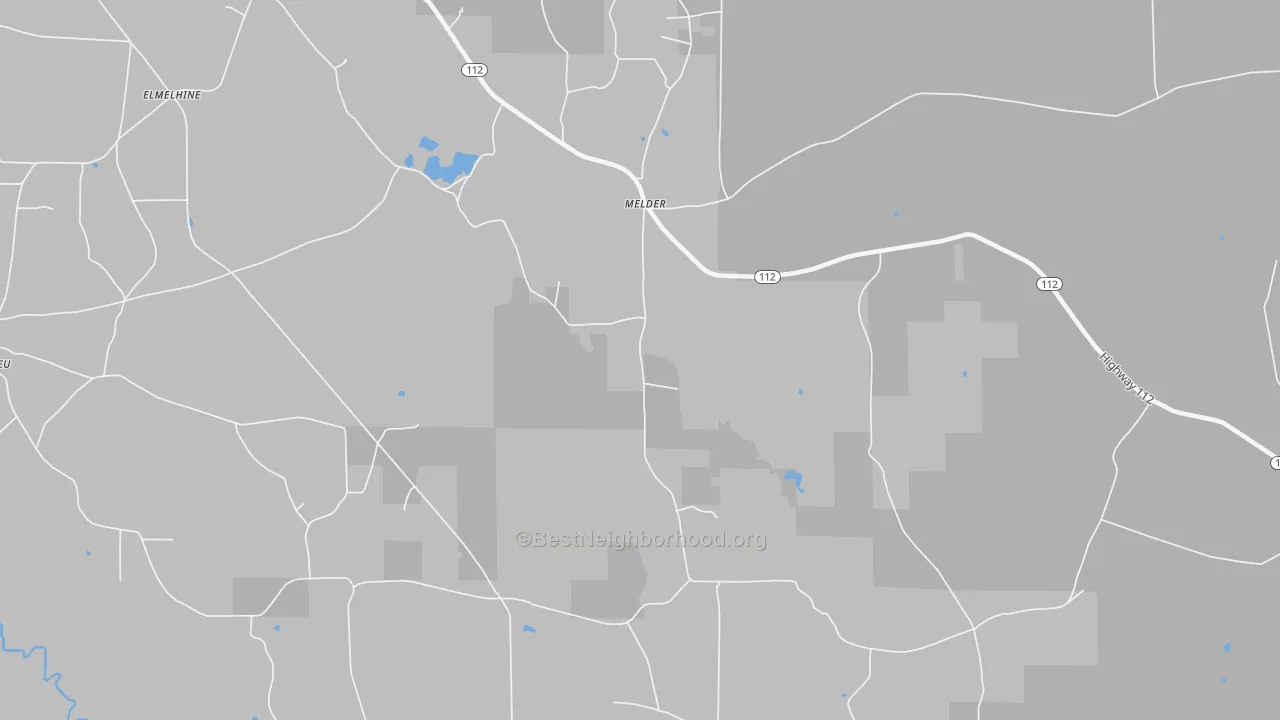 Walk Grade map of Melder, LA, walkable areas in green and car-dependent areas in red