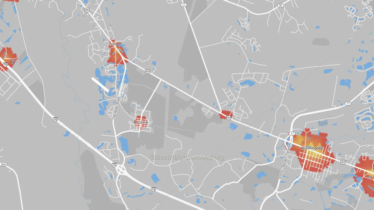 Walk Grade map of Meldrim, GA, walkable areas in green and car-dependent areas in red