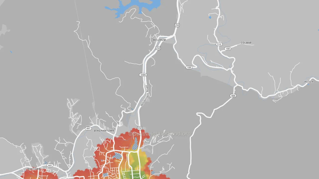 Walk Grade map of Meldrum, KY, walkable areas in green and car-dependent areas in red