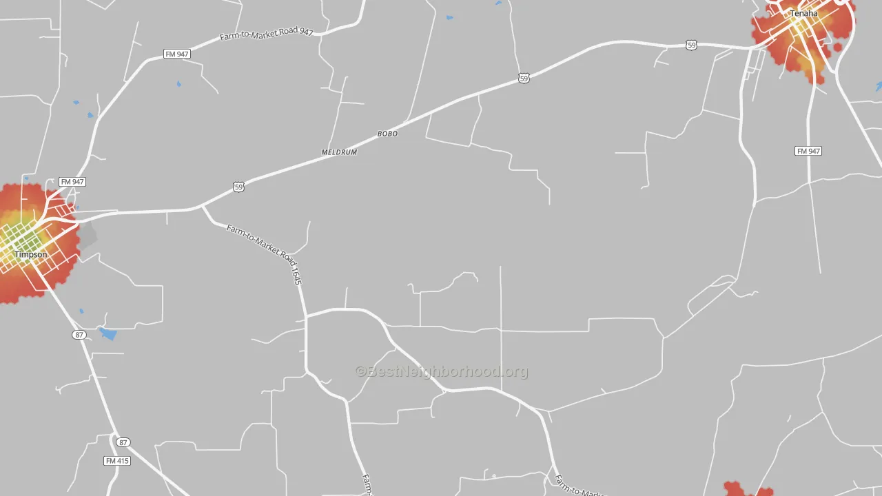 Walk Grade map of Meldrum, TX, walkable areas in green and car-dependent areas in red
