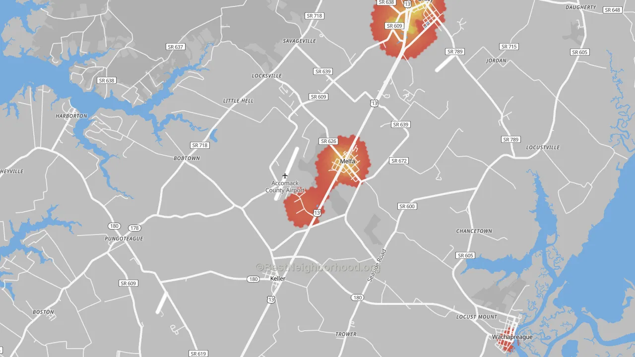 Walk Grade map of Melfa, VA, walkable areas in green and car-dependent areas in red