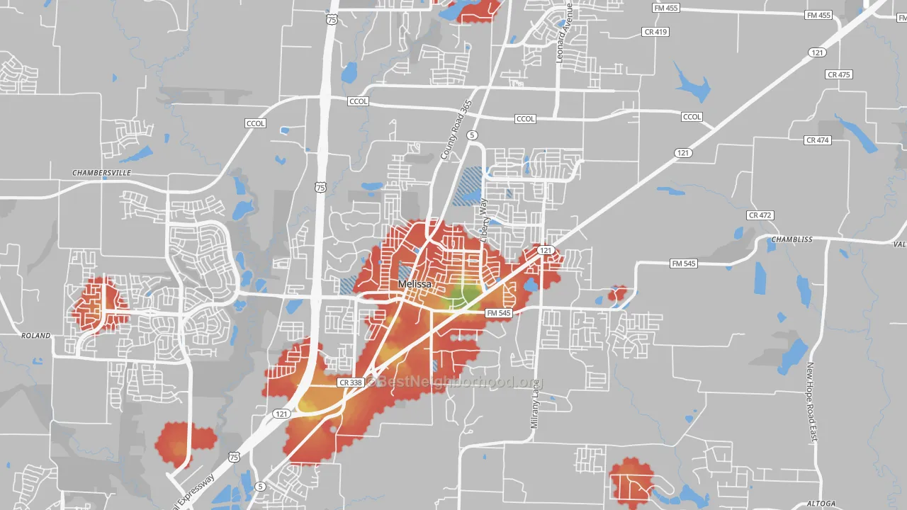 Walk Grade map of Melissa, TX, walkable areas in green and car-dependent areas in red