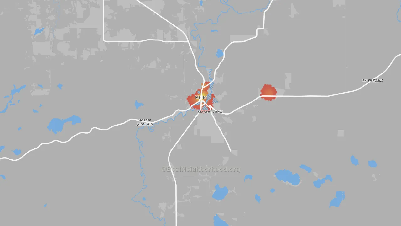 Walk Grade map of Mellen, WI, walkable areas in green and car-dependent areas in red